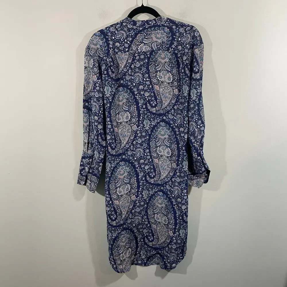 J.Crew Women Blue Paisley Tie-Front 100% Silk Shirt Dress Size 8 NWT #BB642